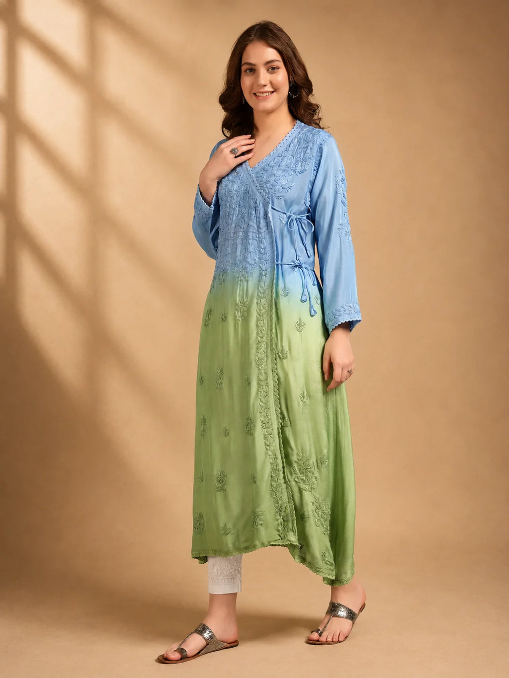 Premium Ombre Modal Angrakha Style Kurta for Women | Pure Handwork Embroidered Lucknowi Chikankari Ethnic Wear