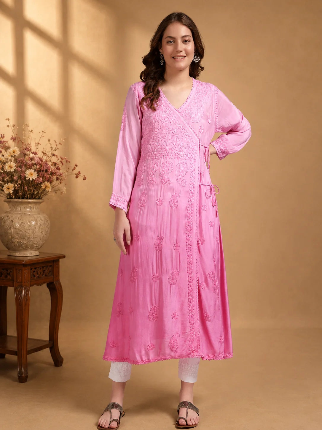 Premium Pink Modal Angrakha Style Chikankari Kurta for Women | Handcrafted Lucknowi Embroidered Ethnic Wear