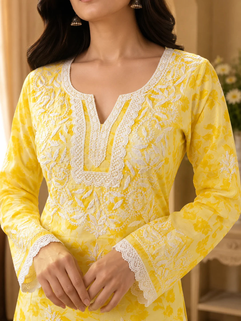 Premium Floral Printed Cotton Kurti for Women | Elegant Lace Detailed Ethnic Wear