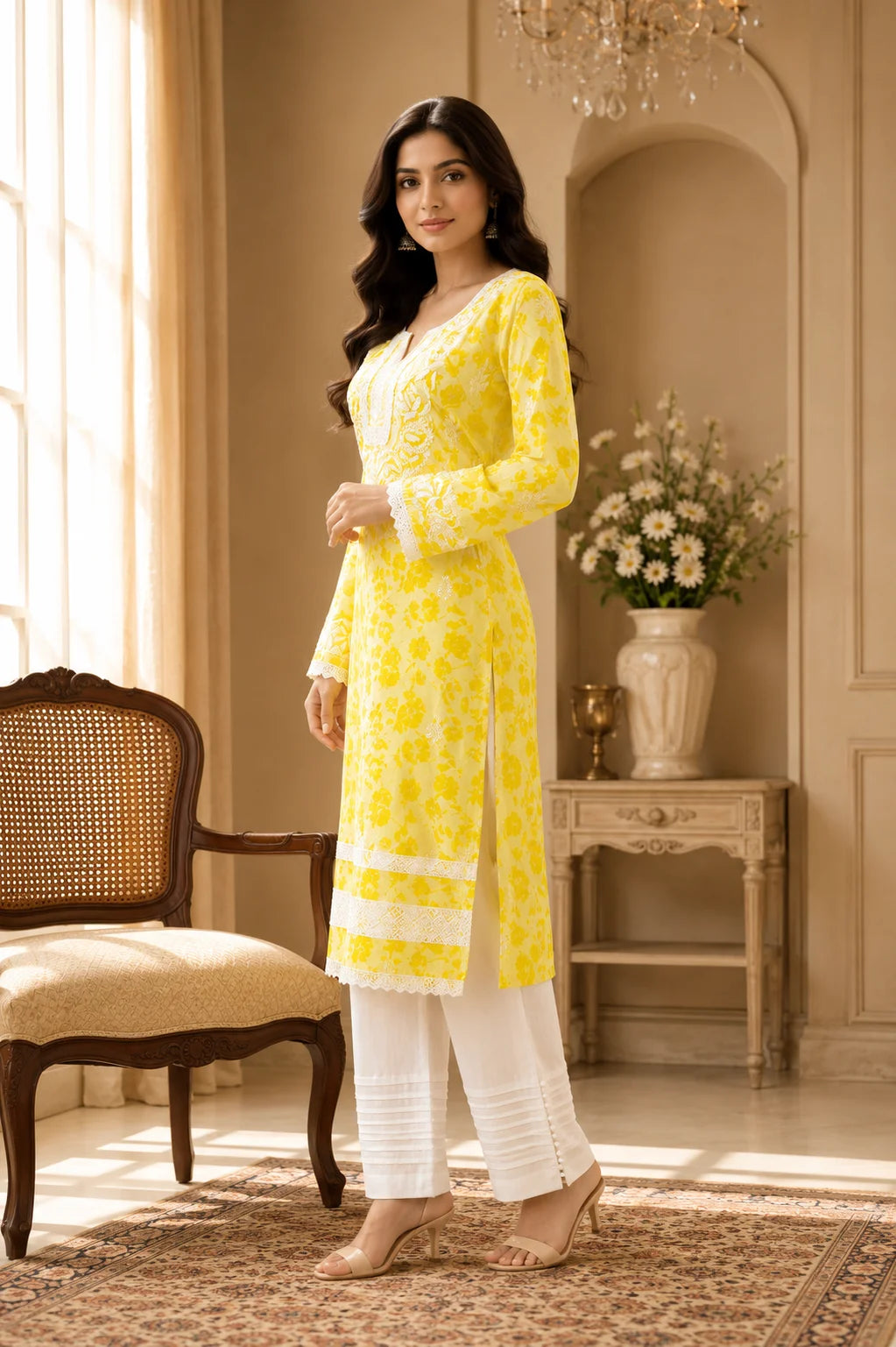 Premium Floral Printed Cotton Kurti for Women | Elegant Lace Detailed Ethnic Wear