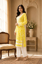 Premium Floral Printed Cotton Kurti for Women | Elegant Lace Detailed Ethnic Wear
