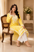 Premium Floral Printed Cotton Kurti for Women | Elegant Lace Detailed Ethnic Wear