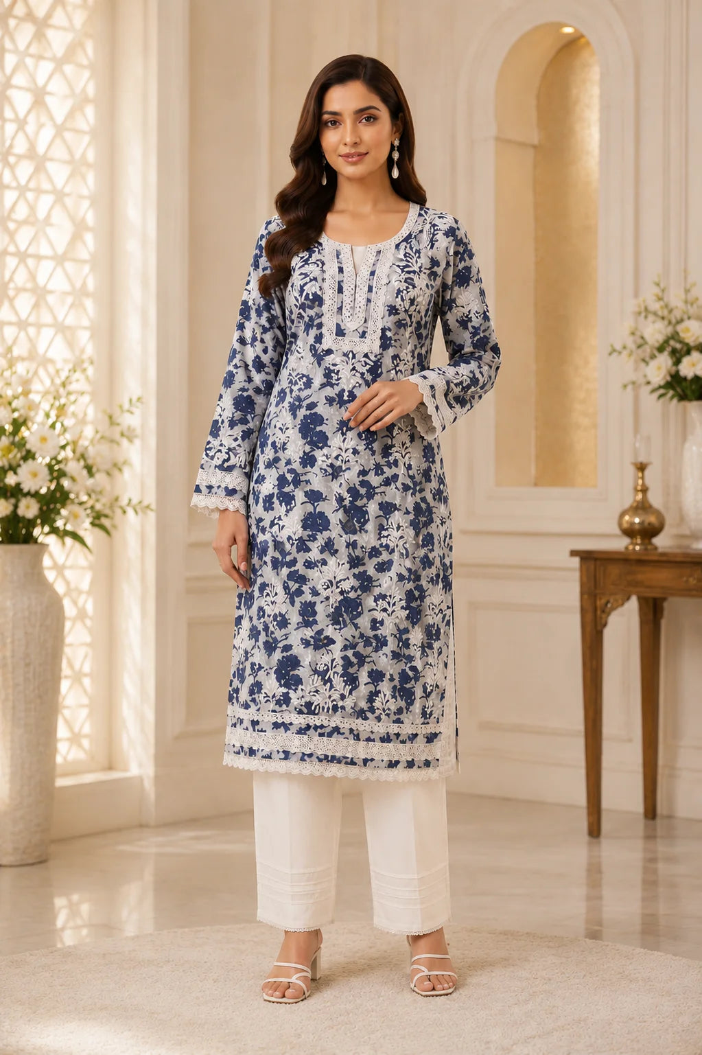Premium Floral Printed Cotton Kurti for Women | Elegant Lace Detailed Ethnic Wear