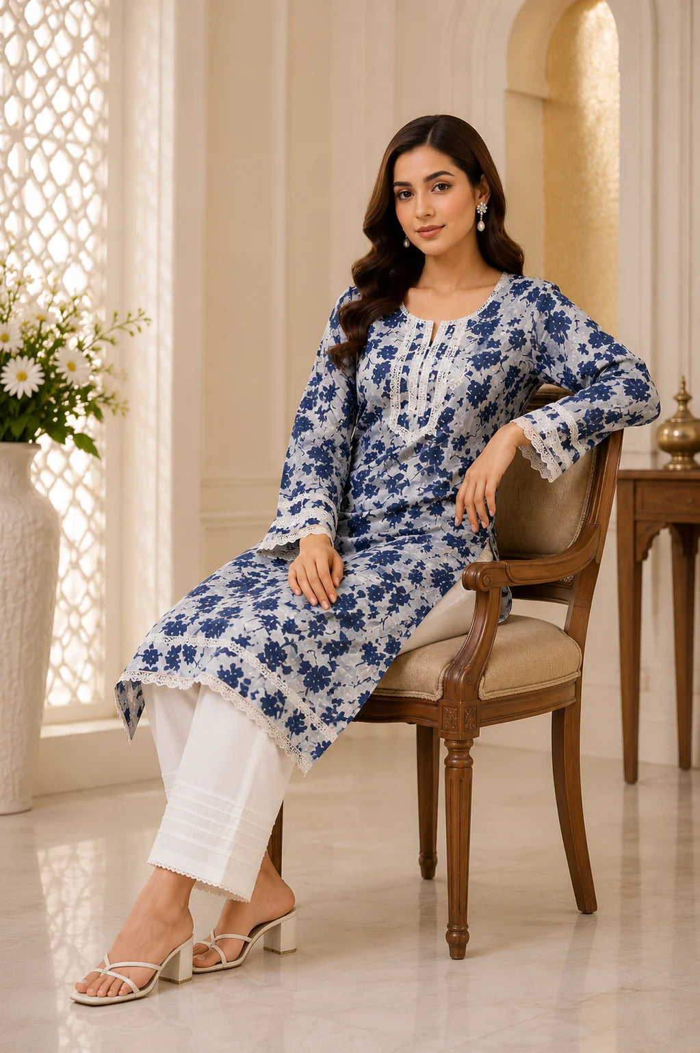 Premium Floral Printed Cotton Kurti for Women | Elegant Lace Detailed Ethnic Wear