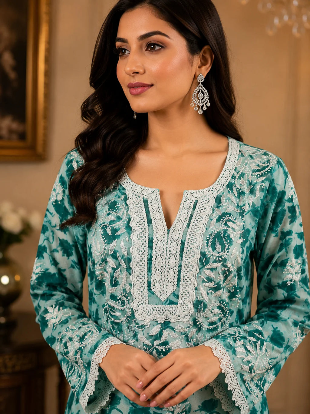 Premium Floral Printed Cotton Kurti for Women | Elegant Lace Detailed Ethnic Wear
