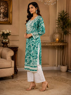 Premium Floral Printed Cotton Kurti for Women | Elegant Lace Detailed Ethnic Wear