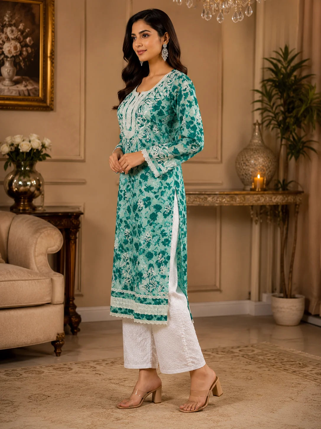 Premium Floral Printed Cotton Kurti for Women | Elegant Lace Detailed Ethnic Wear