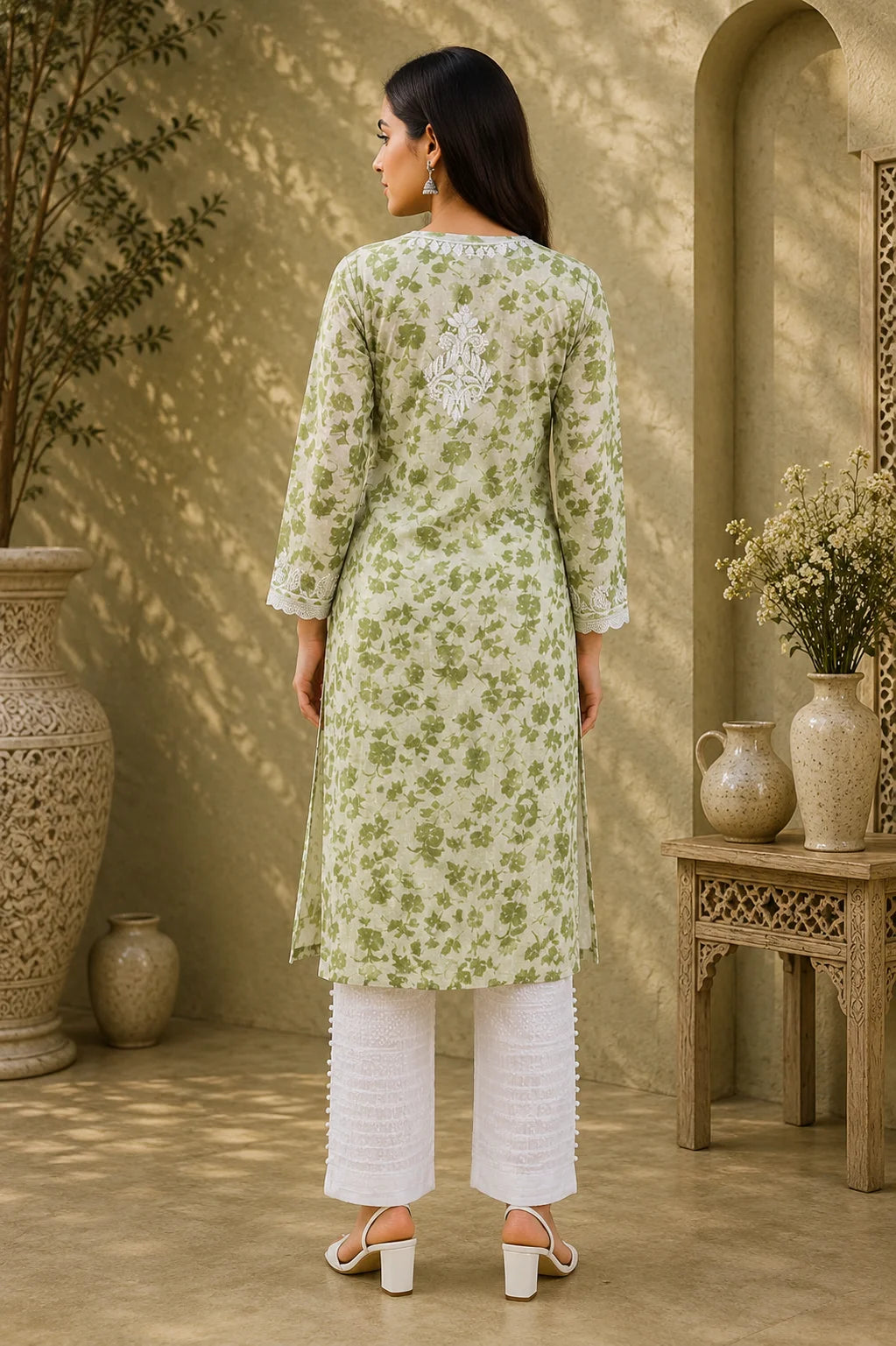 Premium Floral Printed Cotton Kurti for Women | Elegant Lace Detailed Ethnic Wear
