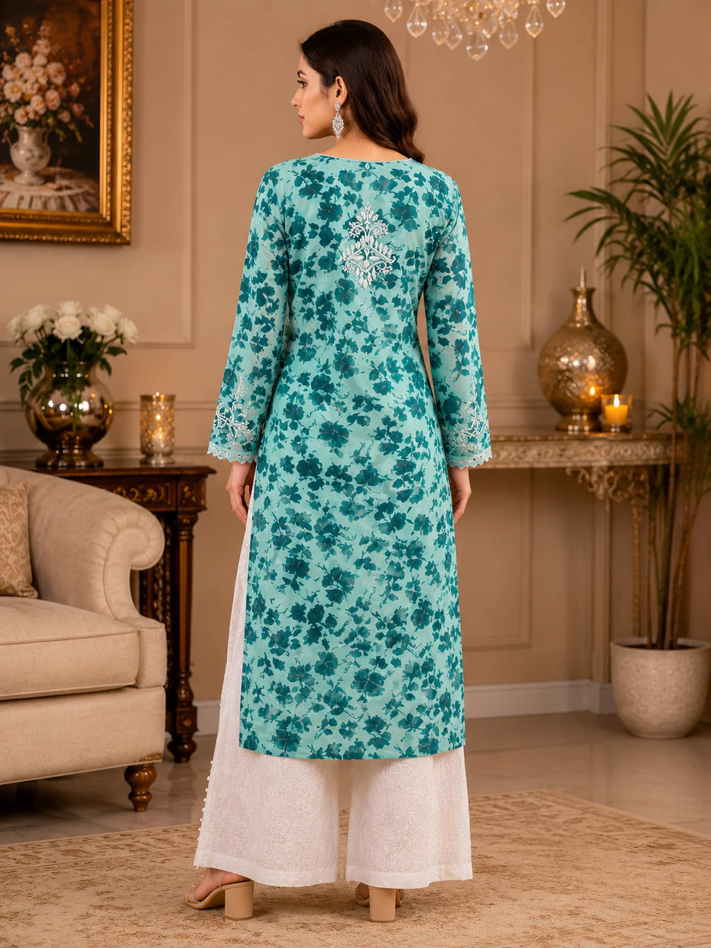 Premium Floral Printed Cotton Kurti for Women | Elegant Lace Detailed Ethnic Wear
