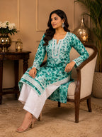 Premium Floral Printed Cotton Kurti for Women | Elegant Lace Detailed Ethnic Wear