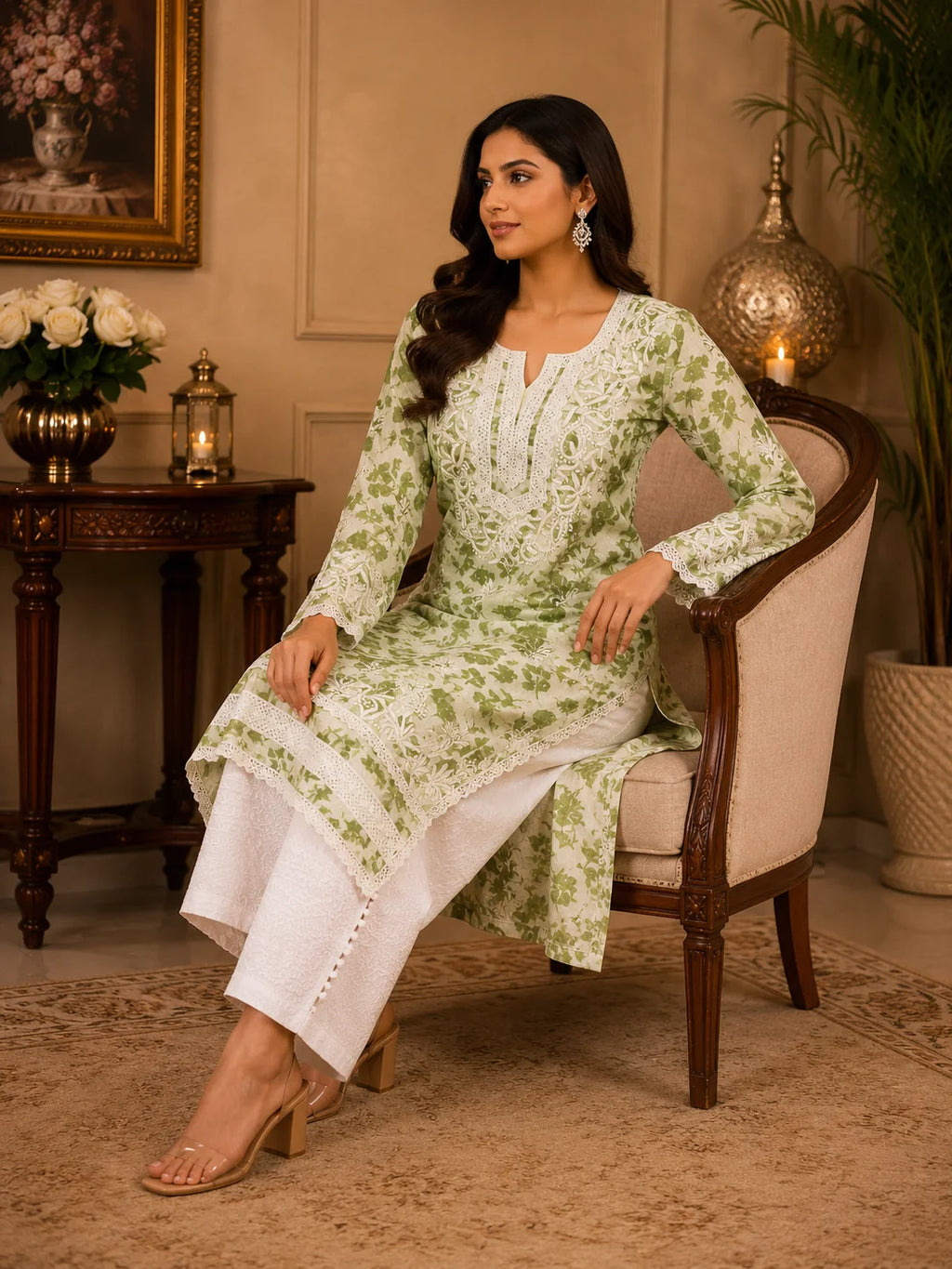 Premium Floral Printed Cotton Kurti for Women | Elegant Lace Detailed Ethnic Wear