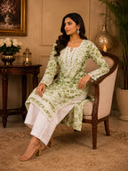 Premium Floral Printed Cotton Kurti for Women | Elegant Lace Detailed Ethnic Wear