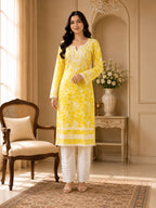 Premium Floral Printed Cotton Kurti for Women | Elegant Lace Detailed Ethnic Wear