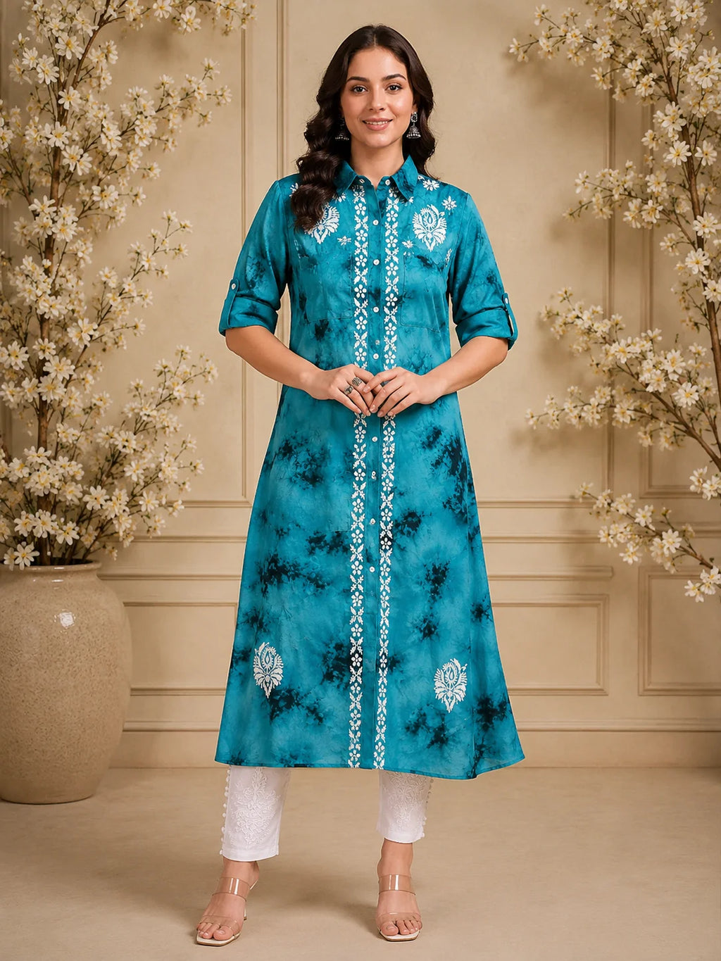 Premium Modal Handwork Front Open Kurti for Women | Designer Embroidered Long Kurti