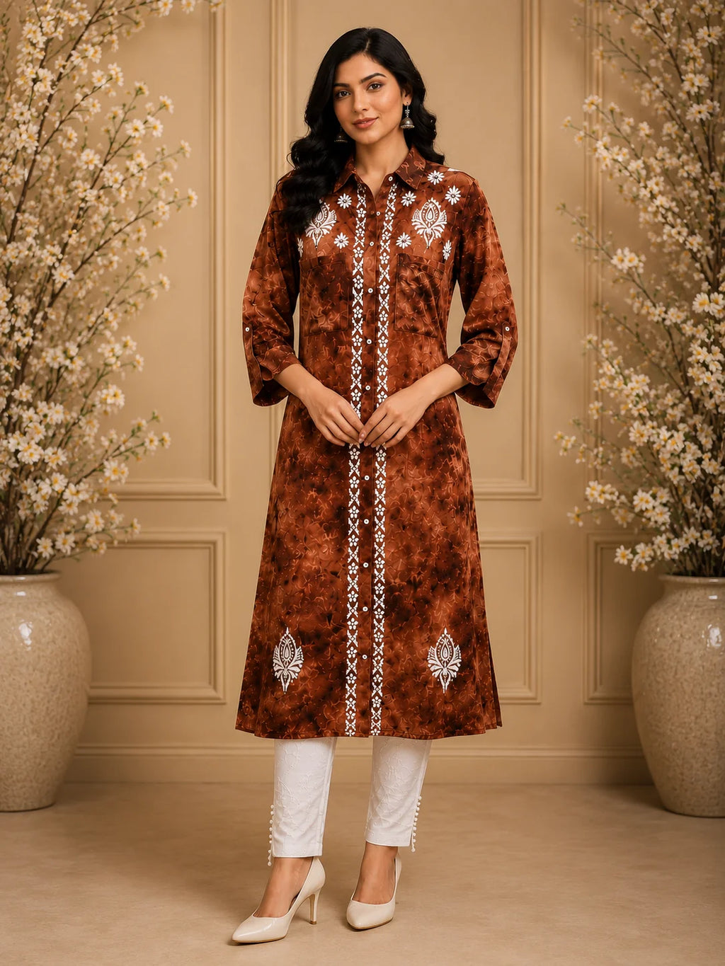 Premium Modal Handwork Front Open Kurti for Women | Designer Embroidered Long Kurti