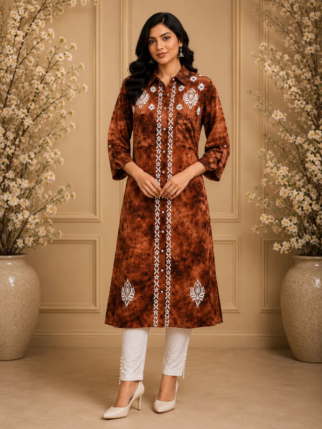 Premium Modal Handwork Front Open Kurti for Women | Designer Embroidered Long Kurti