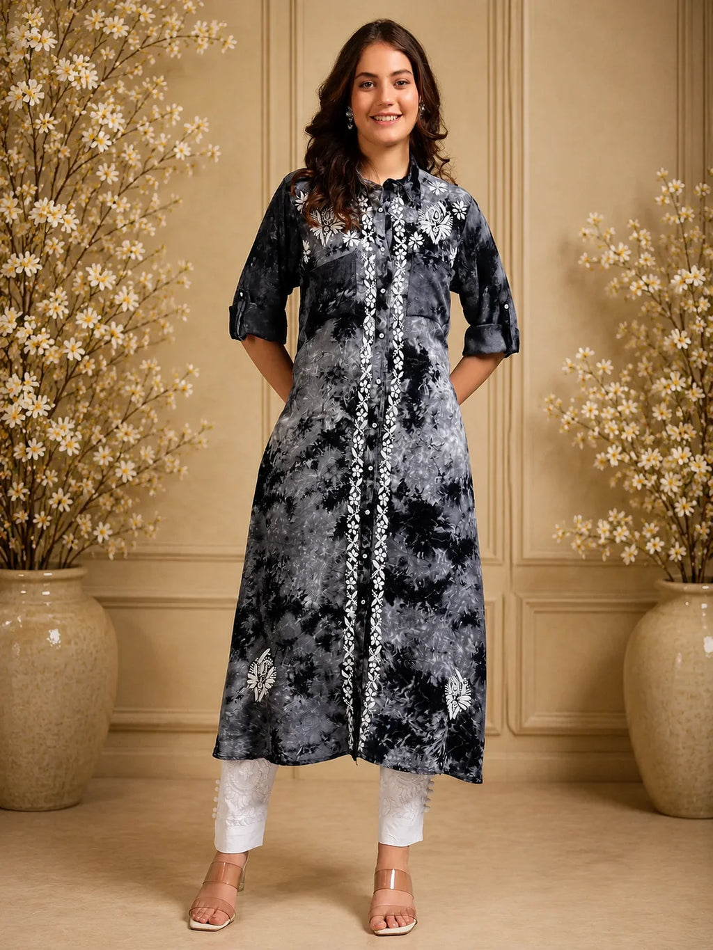Premium Modal Handwork Front Open Kurti for Women | Designer Embroidered Long Kurti
