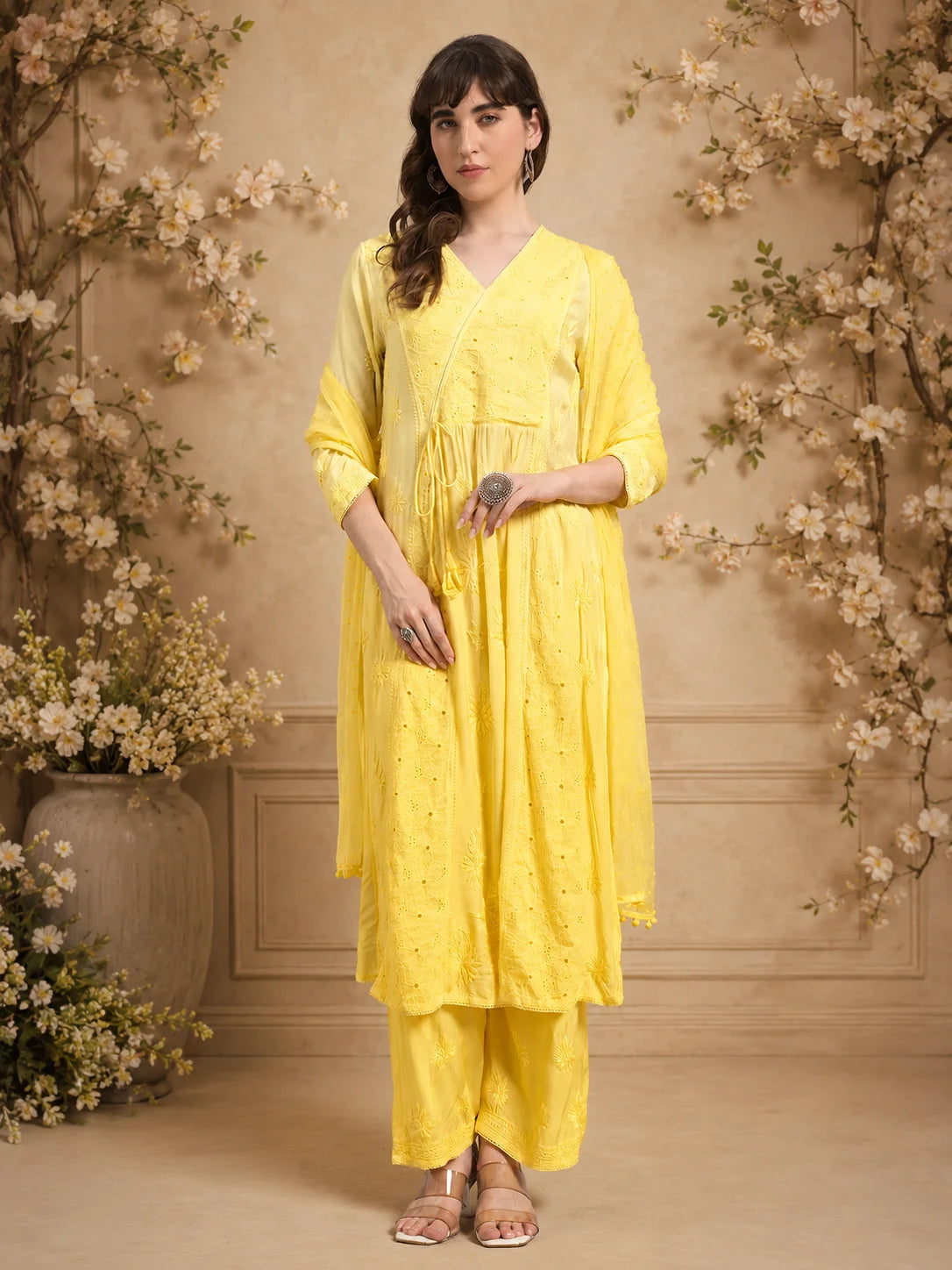 Luxury Sunshine Yellow Muslin Angrakha Kurta Palazzo Set with Dupatta | Premium Handcrafted Chikankari Elegance