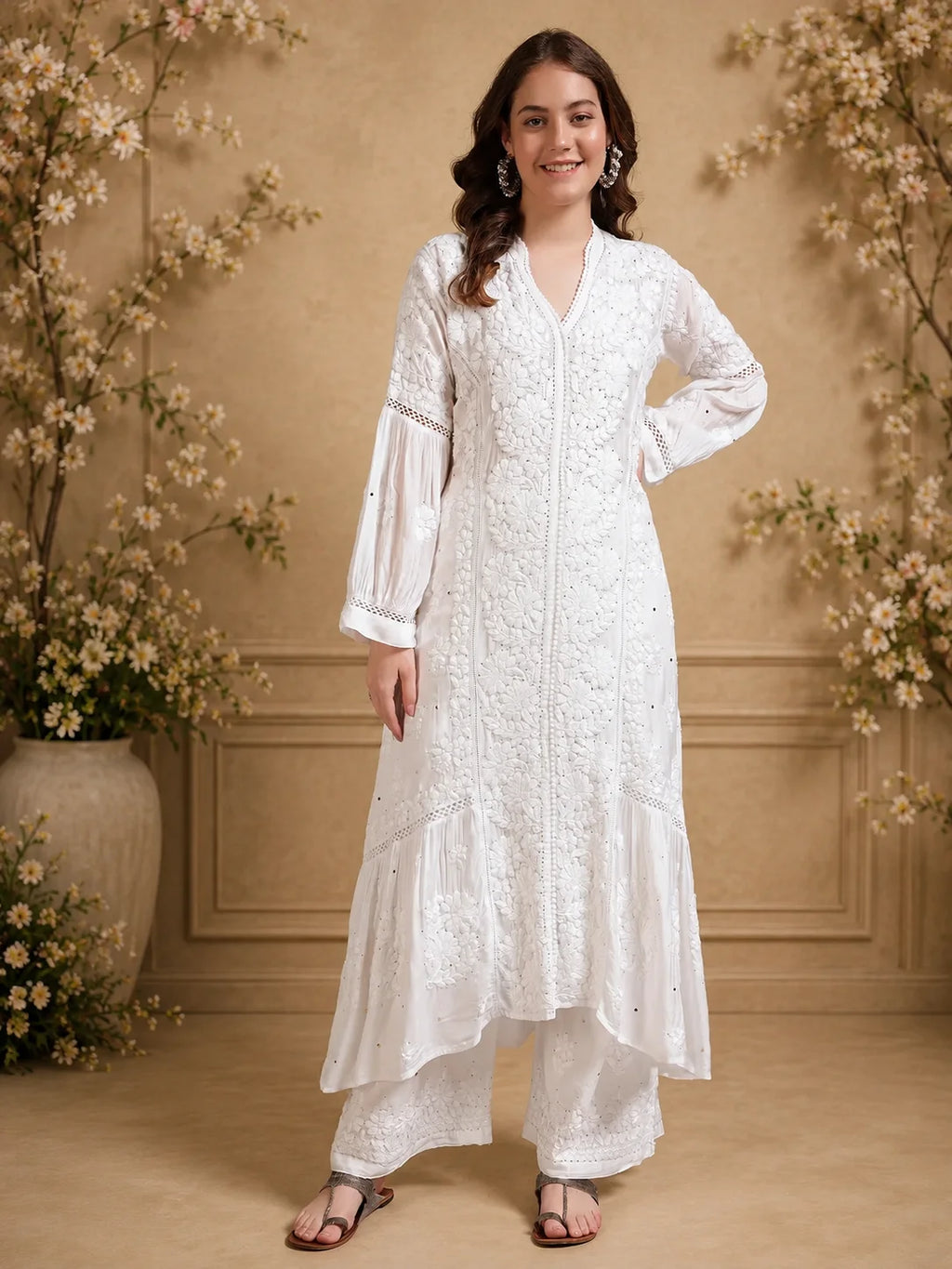 Luxury White Muslin Umbrella Cut Chikankari Kurti with Mukesh Work | Premium Lucknowi Handcrafted Elegance