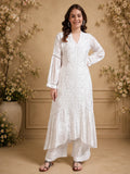 Luxury White Muslin Umbrella Cut Chikankari Kurti with Mukesh Work | Premium Lucknowi Handcrafted Elegance