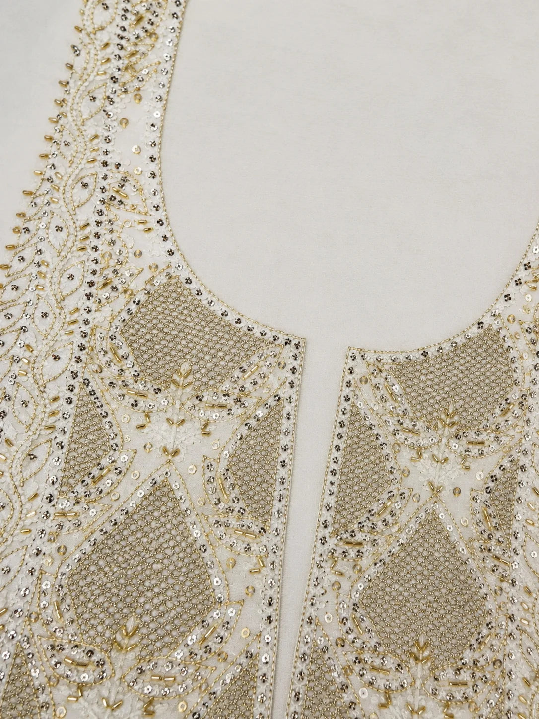 Luxury White Muslin Aari Zardozi & Mukesh Work Unstitched Suit | Premium Handcrafted Festive Collection