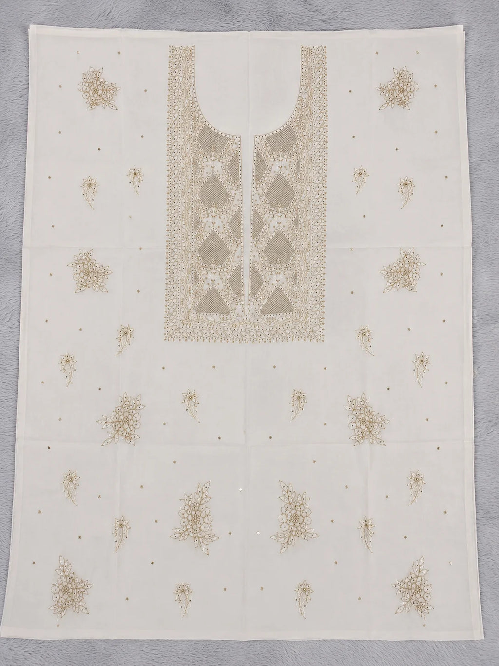 Luxury White Muslin Aari Zardozi & Mukesh Work Unstitched Suit | Premium Handcrafted Festive Collection