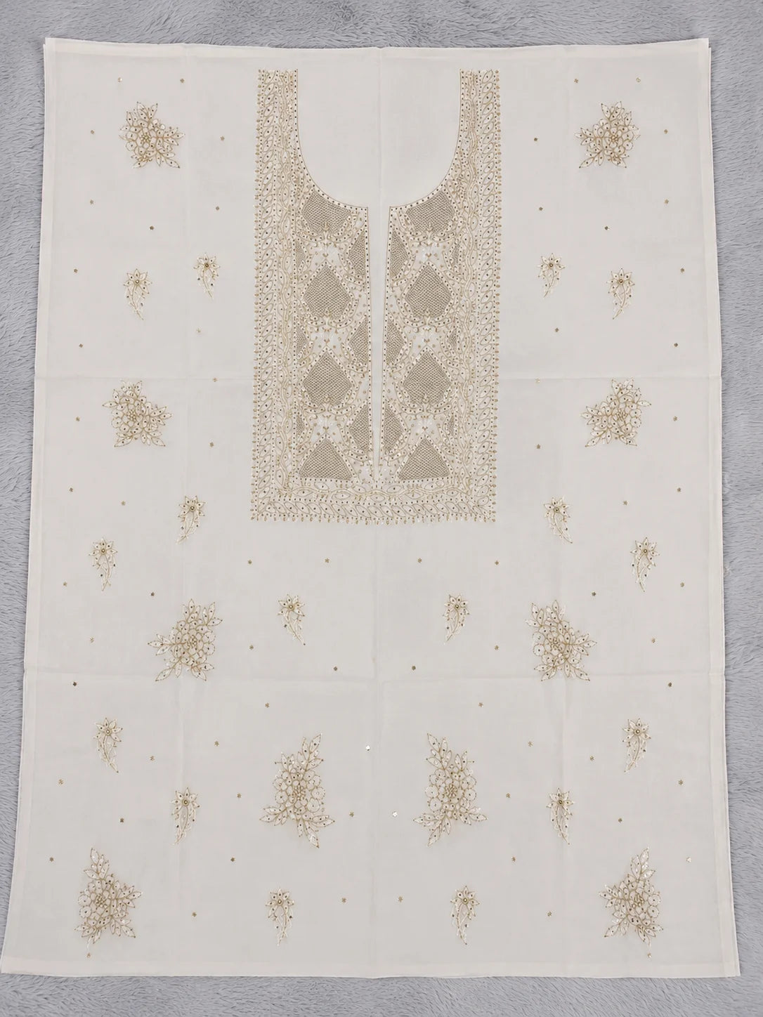 Luxury White Muslin Aari Zardozi & Mukesh Work Unstitched Suit | Premium Handcrafted Festive Collection