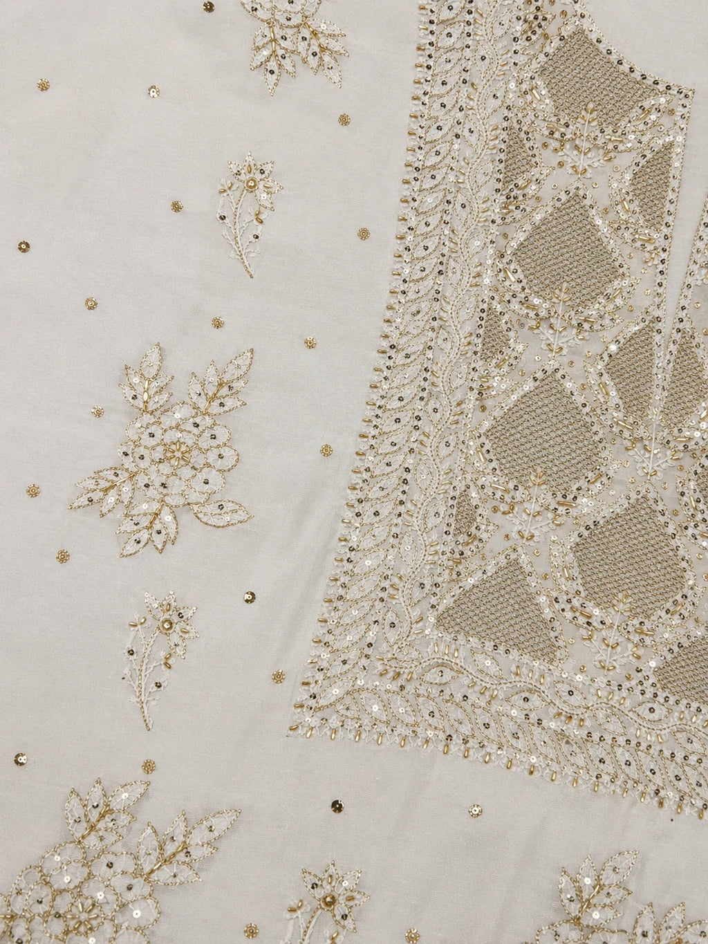 Luxury White Muslin Aari Zardozi & Mukesh Work Unstitched Suit | Premium Handcrafted Festive Collection