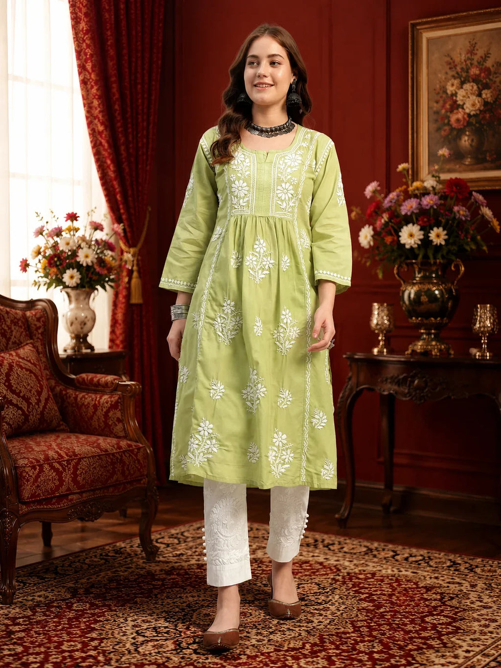 Premium Lucknowi Chikankari A-Line Kurti for Women | Hand Embroidered Ethnic Wear