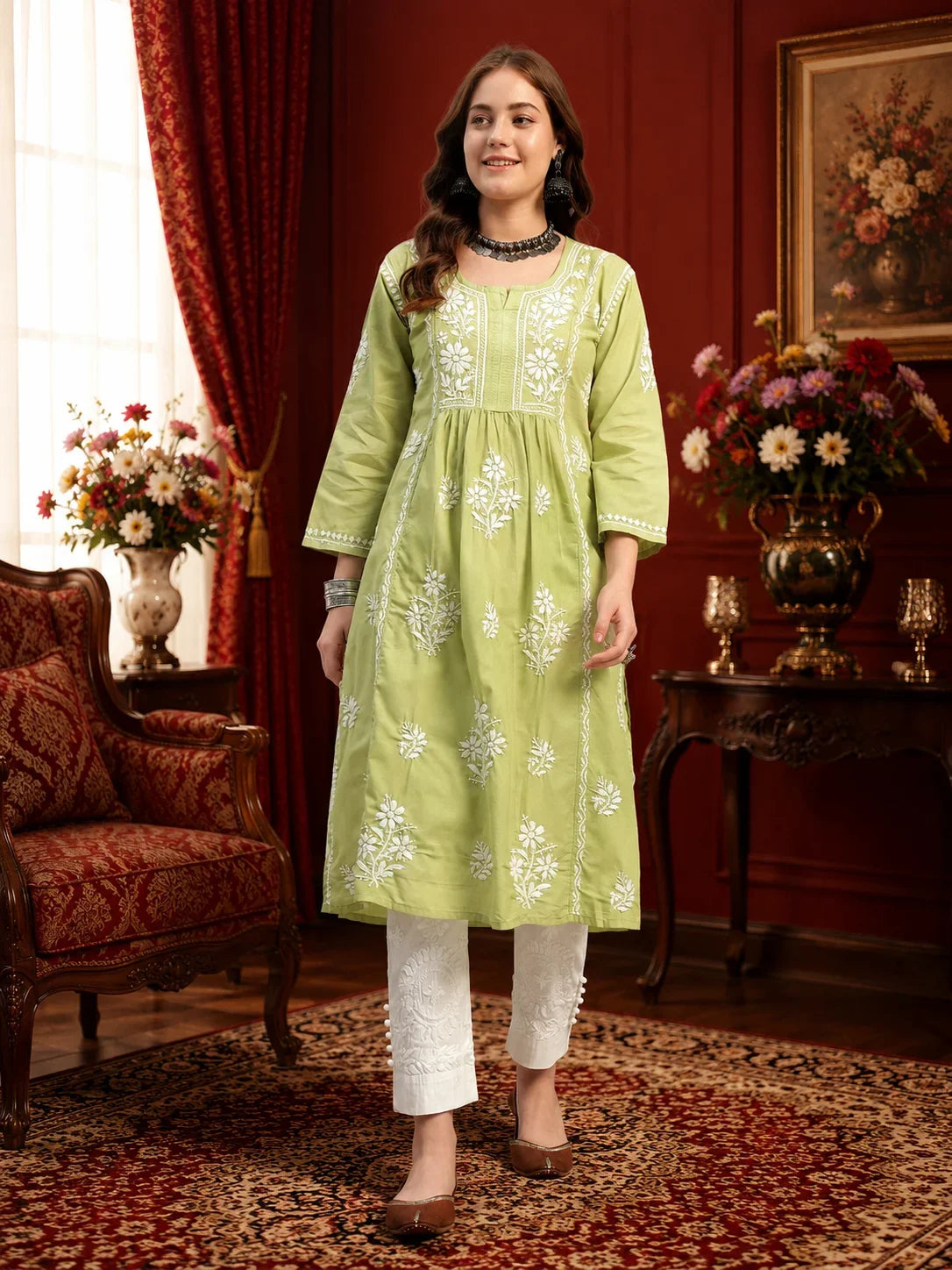 Premium Lucknowi Chikankari A-Line Kurti for Women | Hand Embroidered Ethnic Wear