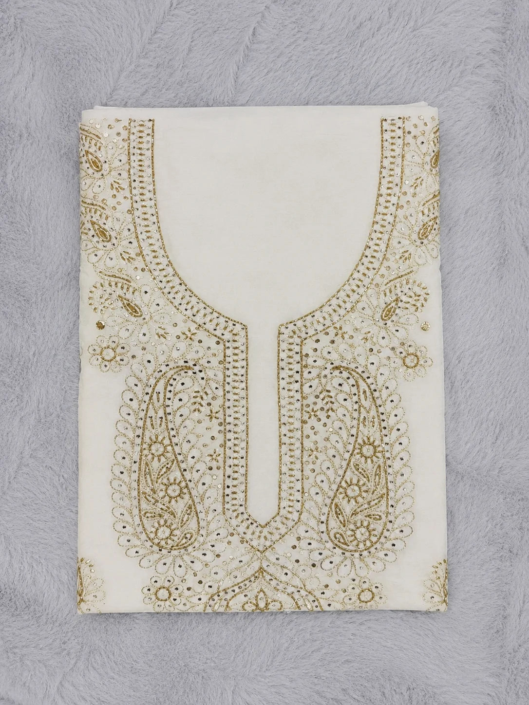 Luxury White Muslin Unstitched Suit with Premium Handwork & Mukaish Work | Designer Lucknowi Ethnic Suit Material