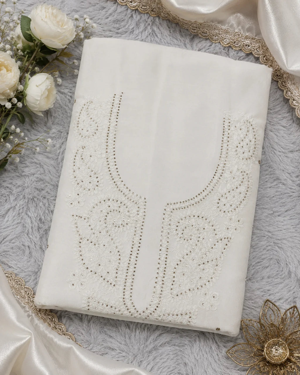 Luxury White Muslin Unstitched Suit with Premium Handwork, Mukaish & Bakhiya Embroidery | Elegant Lucknowi Designer Suit Material