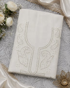 Luxury White Muslin Unstitched Suit with Premium Handwork, Mukaish & Bakhiya Embroidery | Elegant Lucknowi Designer Suit Material