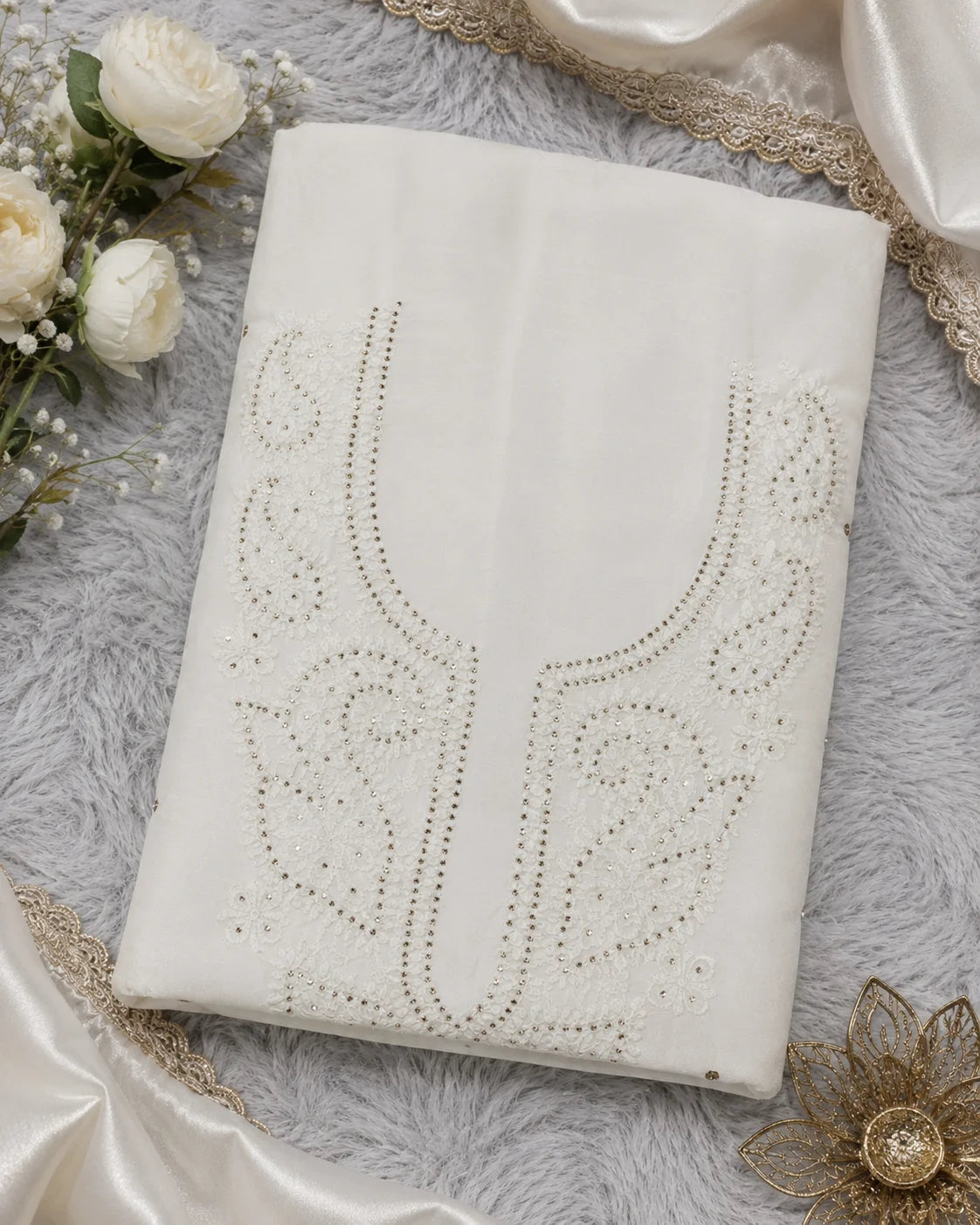 Luxury White Muslin Unstitched Suit with Premium Handwork, Mukaish & Bakhiya Embroidery | Elegant Lucknowi Designer Suit Material