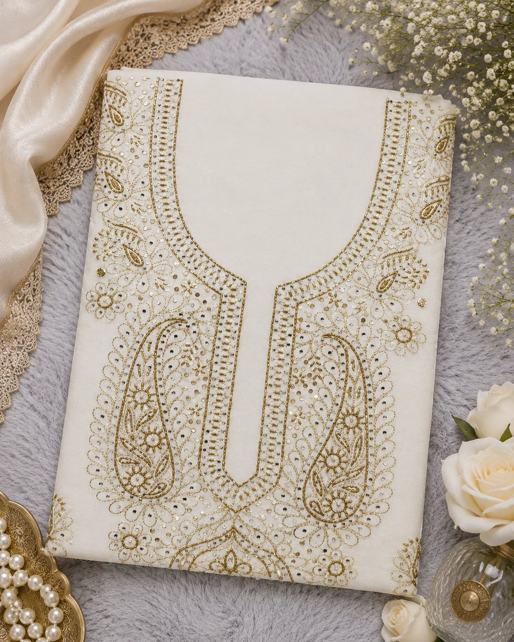 Luxury White Muslin Unstitched Suit with Premium Handwork & Mukaish Work | Designer Lucknowi Ethnic Suit Material