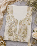 Luxury White Muslin Unstitched Suit with Premium Handwork & Mukaish Work | Designer Lucknowi Ethnic Suit Material
