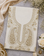 Luxury White Muslin Unstitched Suit with Premium Handwork & Mukaish Work | Designer Lucknowi Ethnic Suit Material