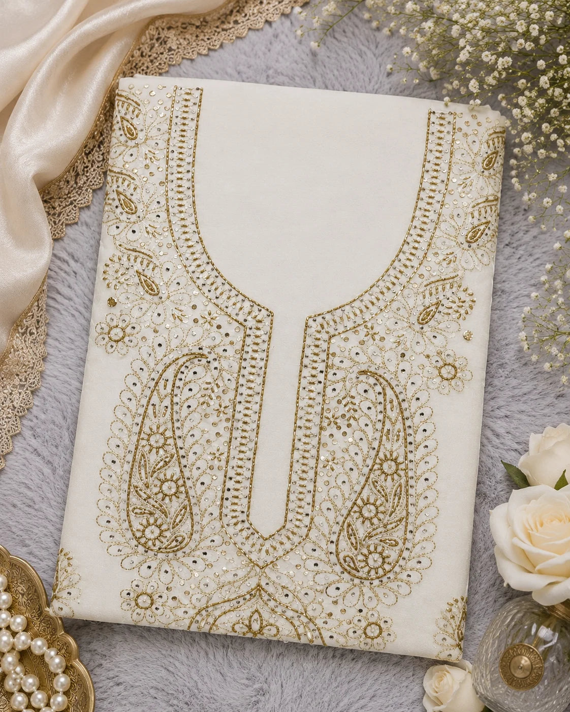 Luxury White Muslin Unstitched Suit with Premium Handwork & Mukaish Work | Designer Lucknowi Ethnic Suit Material