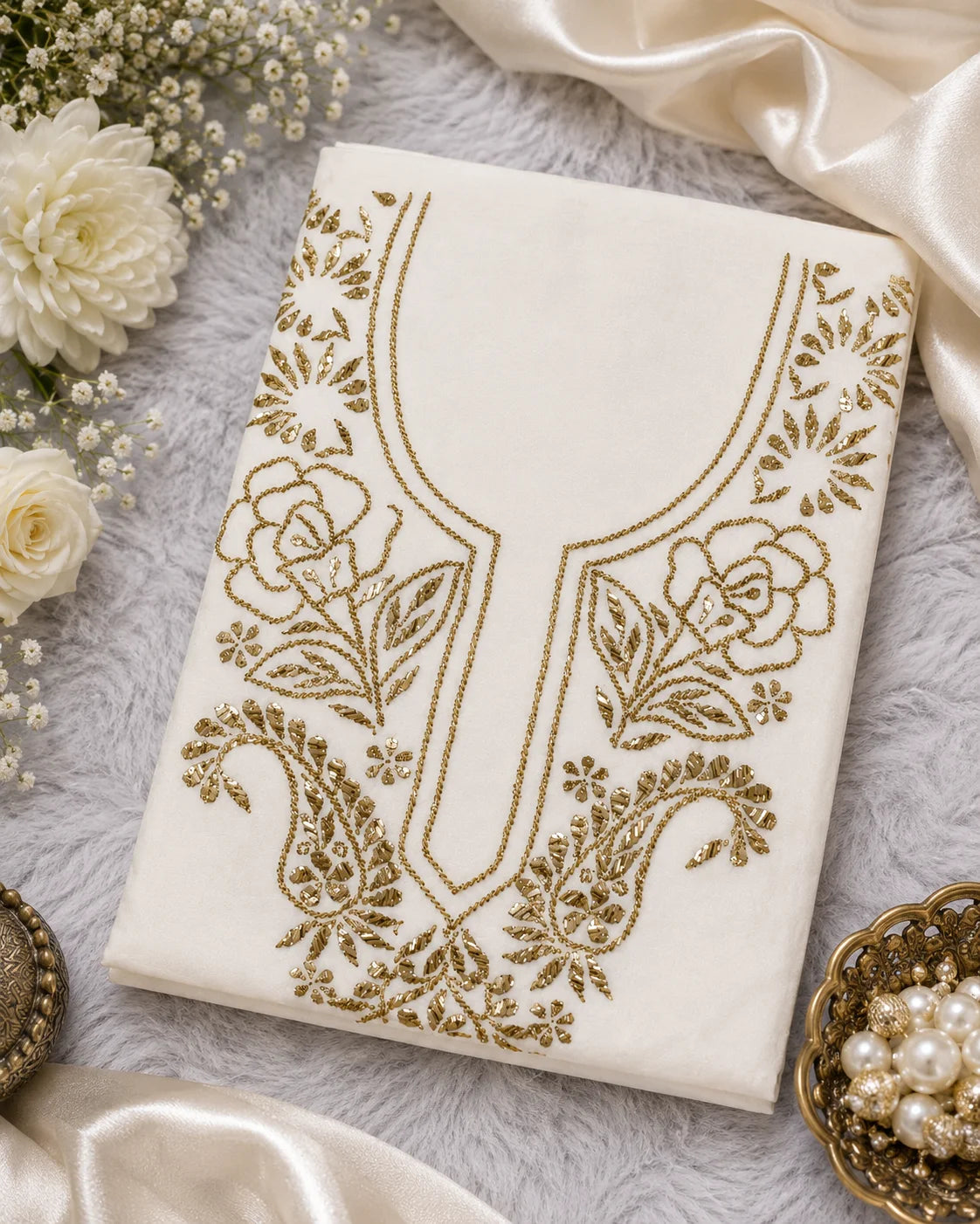 Royal Ivory Muslin Premium Handwork Unstitched Suit with Mukesh Work | Luxury Festive Collection