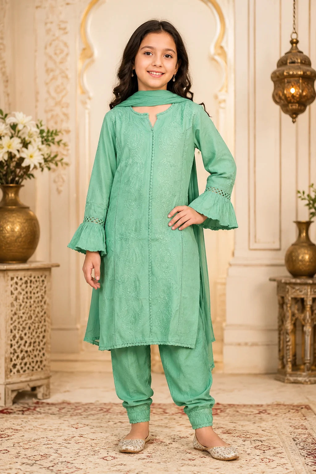 Luxury Muslin Handwork Kids Suit Set with Dupatta | Premium Designer Ethnic Wear for Girls
