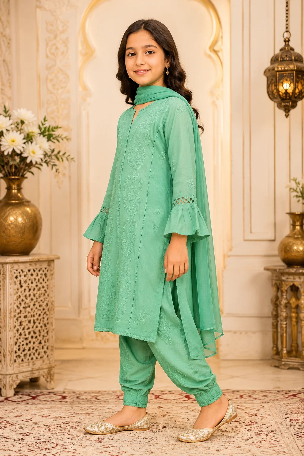 Luxury Muslin Handwork Kids Suit Set with Dupatta | Premium Designer Ethnic Wear for Girls