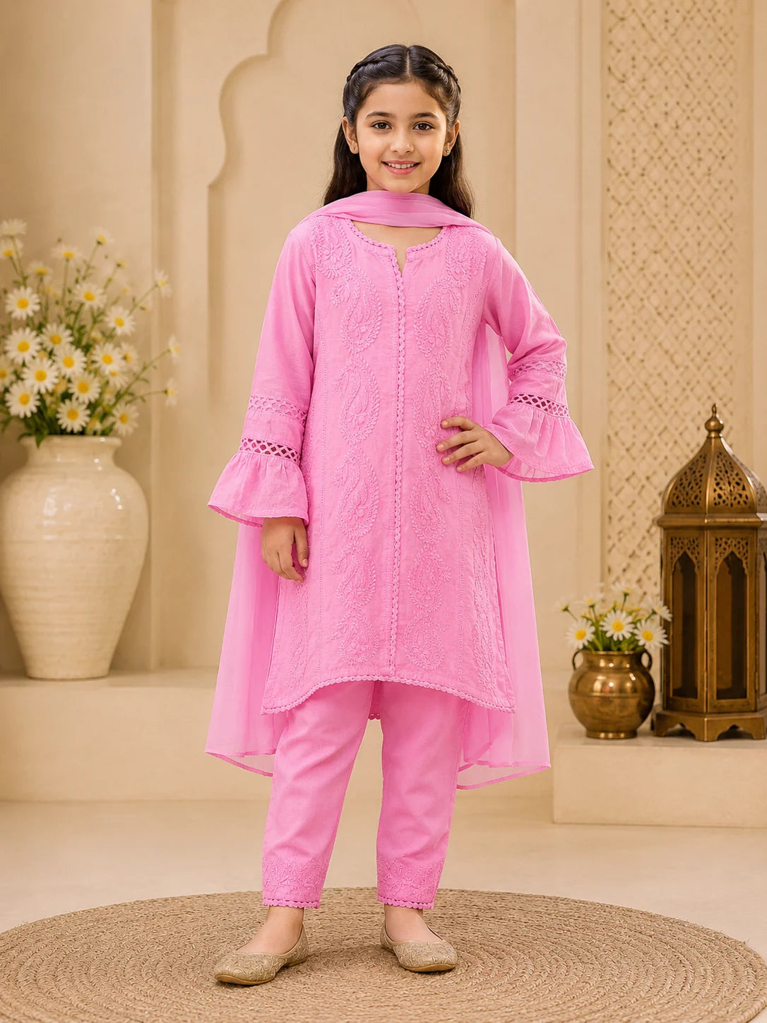 Luxury Muslin Handwork Kids Suit Set with Dupatta | Premium Designer Ethnic Wear for Girls