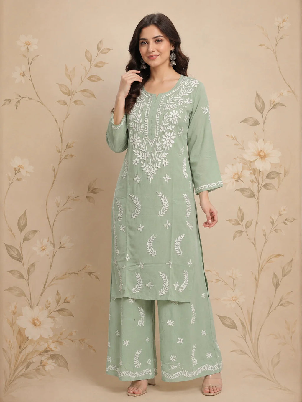 Premium Modal Chikankari Hand Embroidered Kurti Palazzo Set for Women | Lucknowi Handwork