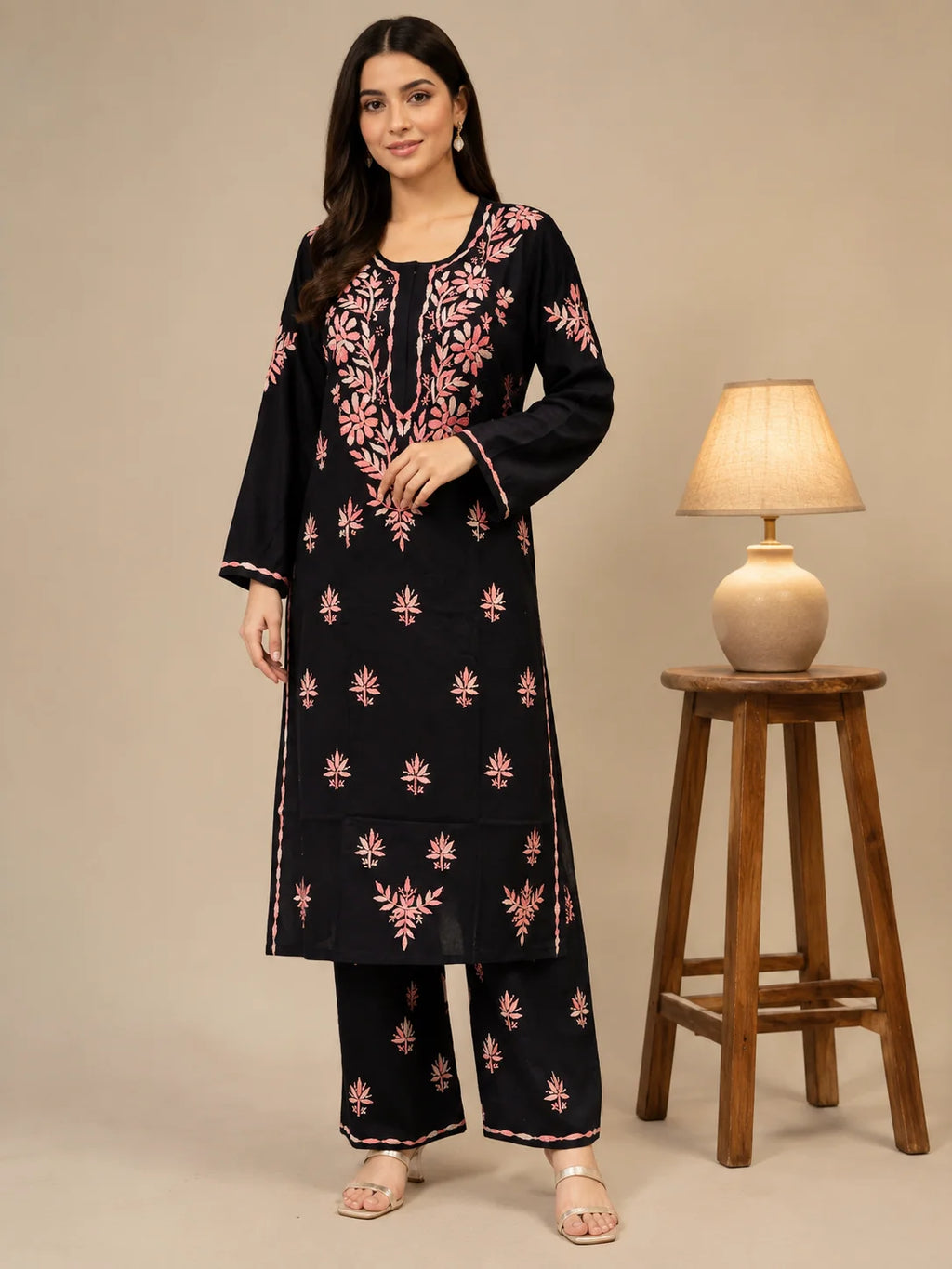 Luxury Midnight Black Modal Chikankari Kurta Palazzo Set for Women | Royal Blue Lucknowi Embroidery | Tazaki Fashion
