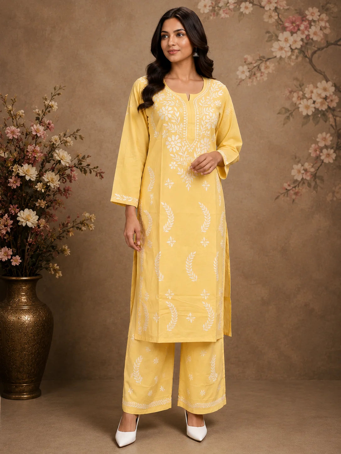 Premium Modal Chikankari Hand Embroidered Kurti Palazzo Set for Women | Lucknowi Handwork