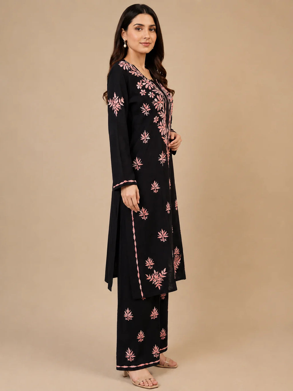 Luxury Midnight Black Modal Chikankari Kurta Palazzo Set for Women | Royal Blue Lucknowi Embroidery | Tazaki Fashion