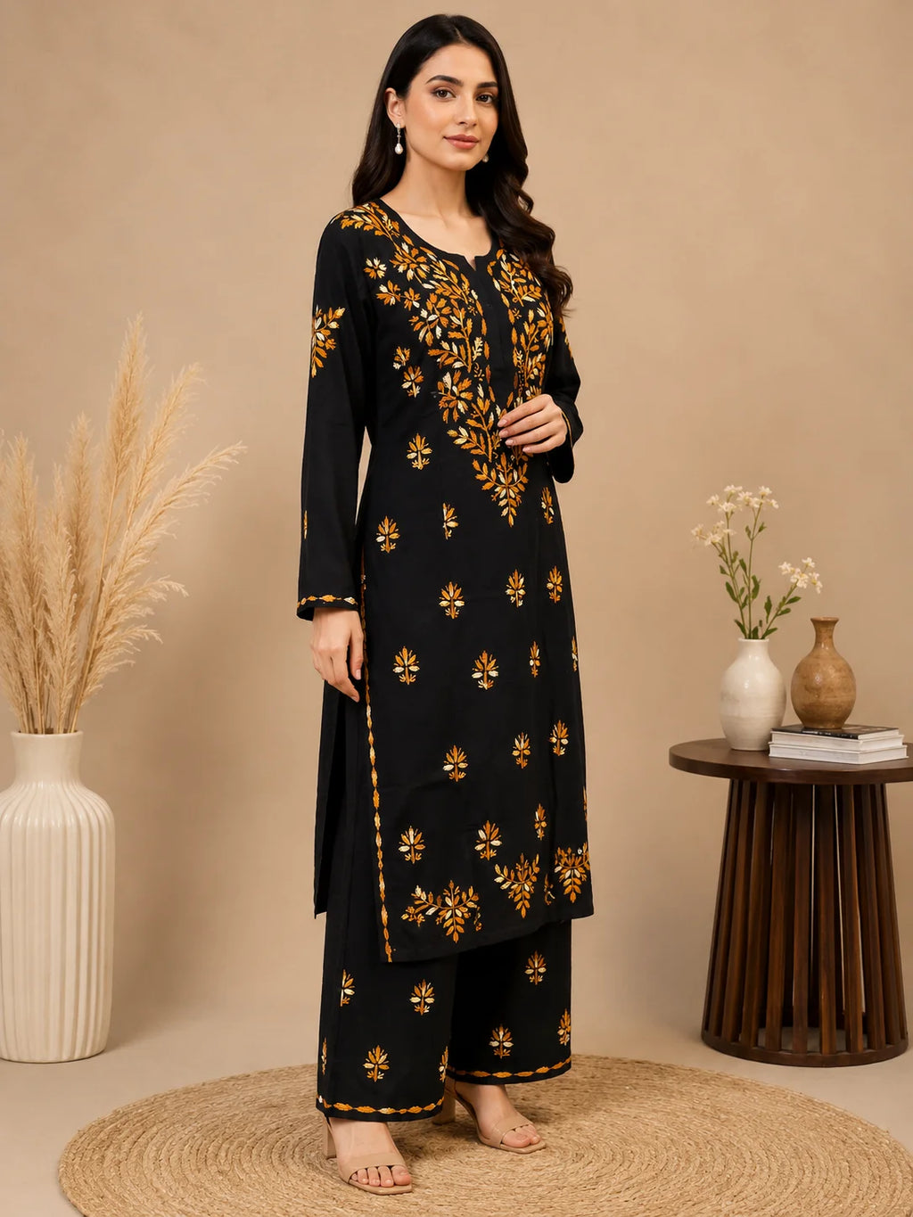 Luxury Midnight Black Modal Chikankari Kurta Palazzo Set for Women | Royal Blue Lucknowi Embroidery | Tazaki Fashion