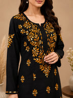 Luxury Midnight Black Modal Chikankari Kurta Palazzo Set for Women | Royal Blue Lucknowi Embroidery | Tazaki Fashion