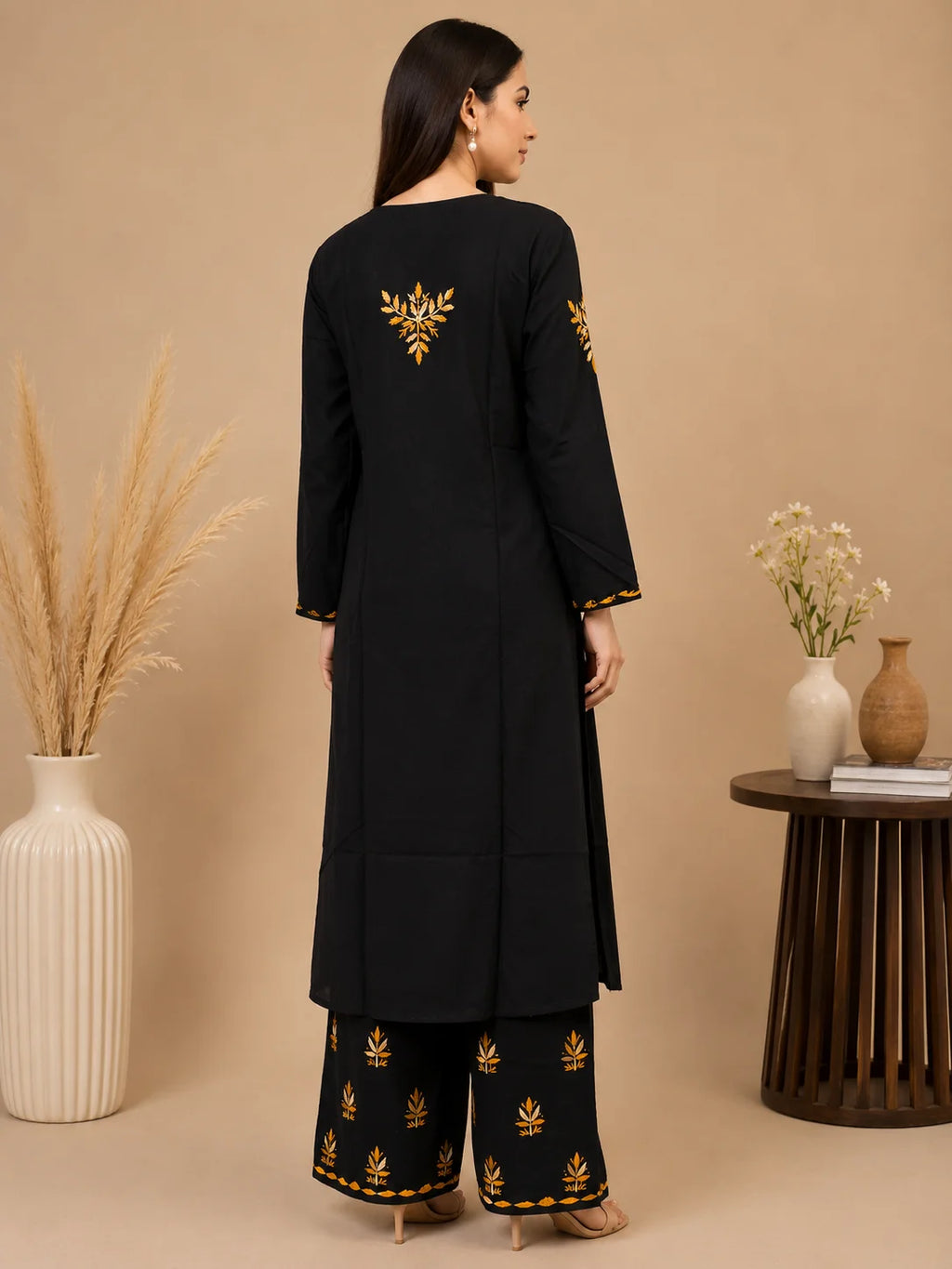 Luxury Midnight Black Modal Chikankari Kurta Palazzo Set for Women | Royal Blue Lucknowi Embroidery | Tazaki Fashion