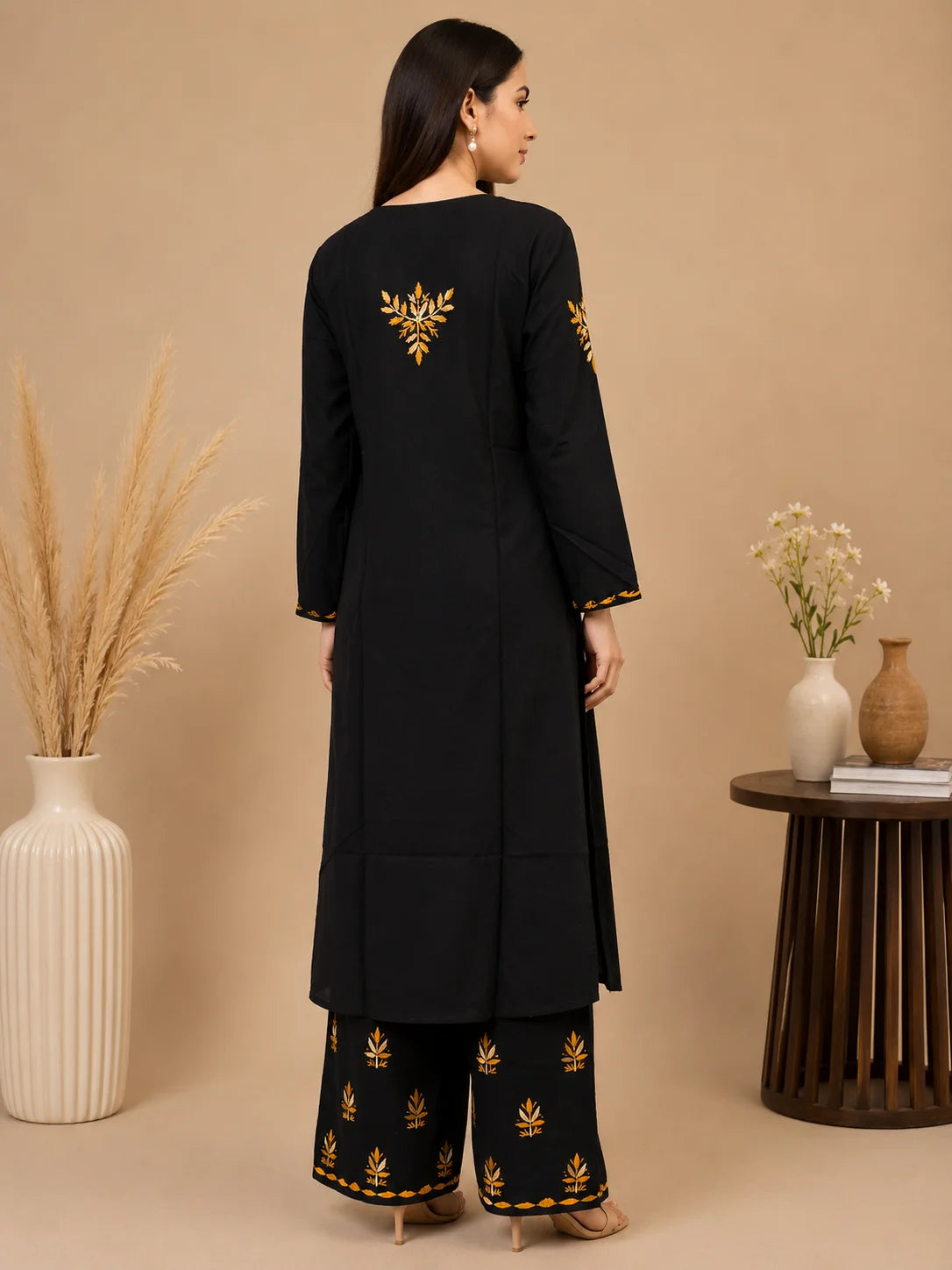 Luxury Midnight Black Modal Chikankari Kurta Palazzo Set for Women | Royal Blue Lucknowi Embroidery | Tazaki Fashion